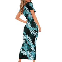 Puakenikeni Maile Lei Family Matching Short Sleeve Bodycon Dress and Hawaiian Shirt Frangipani Turquoise Tropical Leaves LT01 - Polynesian Pride