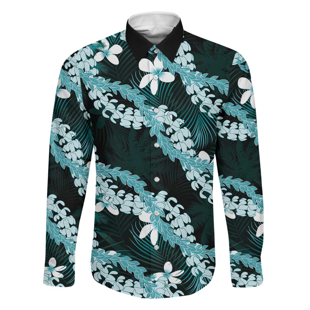 Puakenikeni Maile Lei Family Matching Tank Maxi Dress and Hawaiian Shirt Frangipani Turquoise Tropical Leaves LT01 Dad's Shirt - Long Sleeve Turquoise - Polynesian Pride