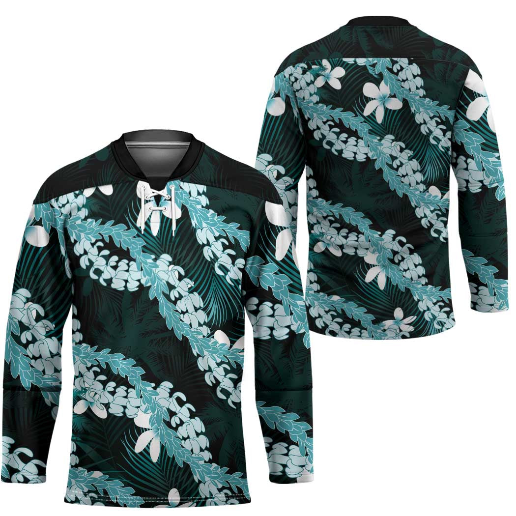 Puakenikeni Maile Lei Hockey Jersey Frangipani Turquoise Tropical Leaves