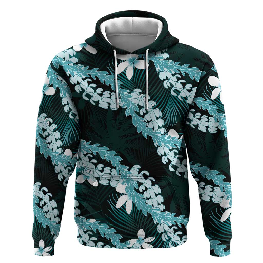 Puakenikeni Maile Lei Hoodie Frangipani Turquoise Tropical Leaves