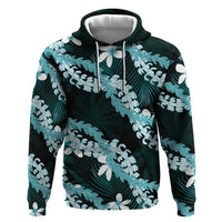 Puakenikeni Maile Lei Hoodie Frangipani Turquoise Tropical Leaves