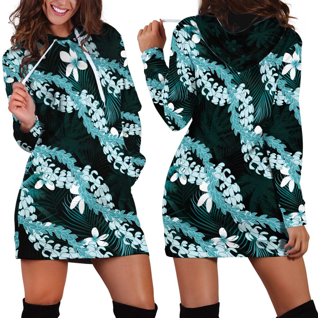 Puakenikeni Maile Lei Hoodie Dress Frangipani Turquoise Tropical Leaves
