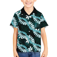 Puakenikeni Maile Lei Kid Hawaiian Shirt Frangipani Turquoise Tropical Leaves
