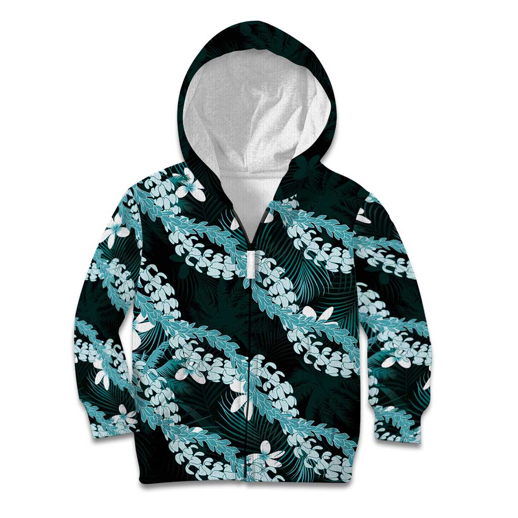 Puakenikeni Maile Lei Kid Hoodie Frangipani Turquoise Tropical Leaves