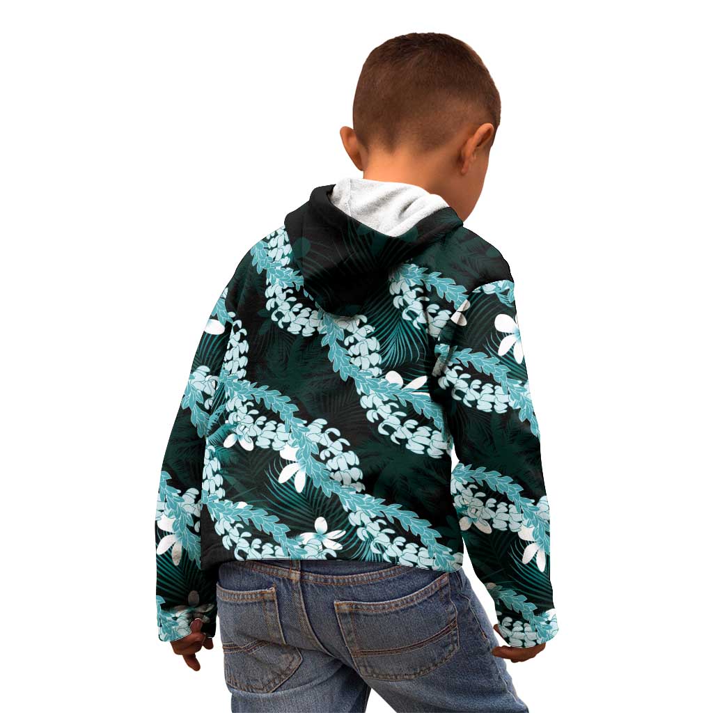 Puakenikeni Maile Lei Kid Hoodie Frangipani Turquoise Tropical Leaves