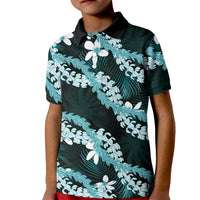 Puakenikeni Maile Lei Kid Polo Shirt Frangipani Turquoise Tropical Leaves