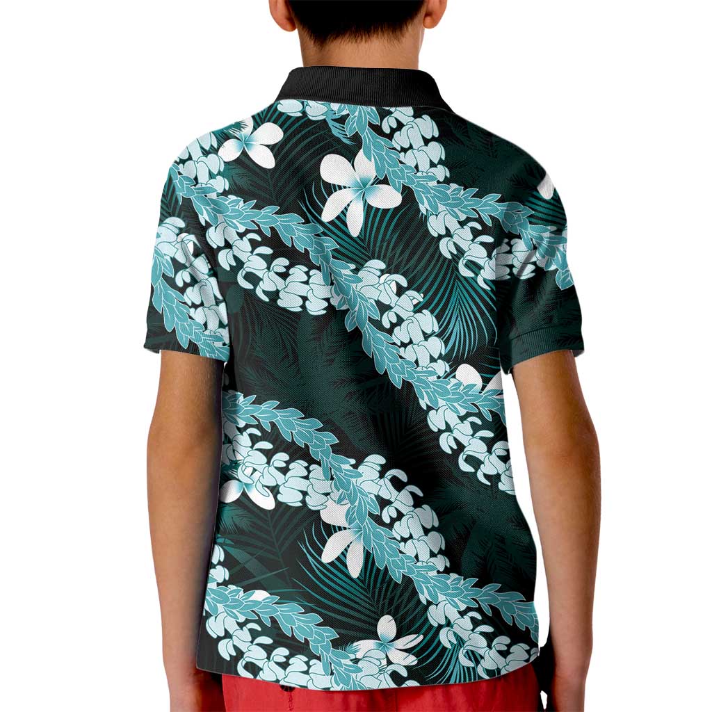 Puakenikeni Maile Lei Kid Polo Shirt Frangipani Turquoise Tropical Leaves