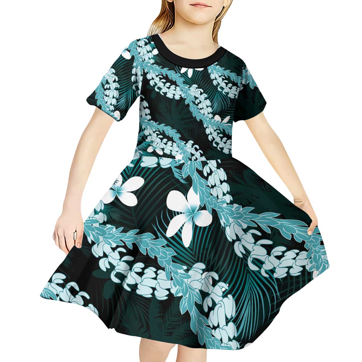 Puakenikeni Maile Lei Kid Short Sleeve Dress Frangipani Turquoise Tropical Leaves