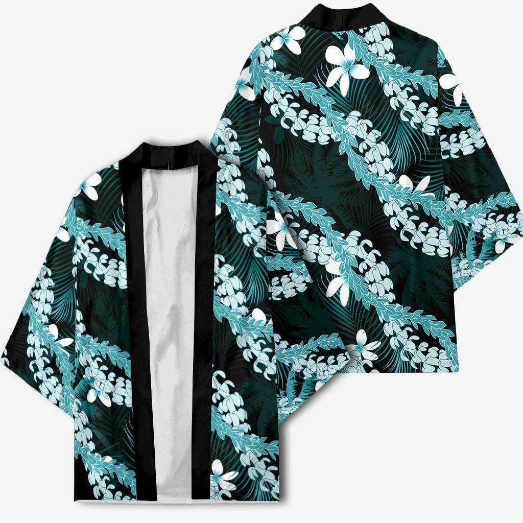 Puakenikeni Maile Lei Kimono Frangipani Turquoise Tropical Leaves
