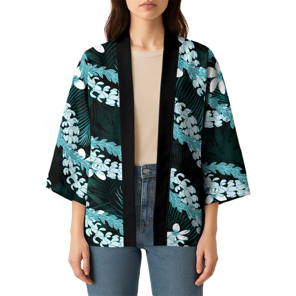 Puakenikeni Maile Lei Kimono Frangipani Turquoise Tropical Leaves