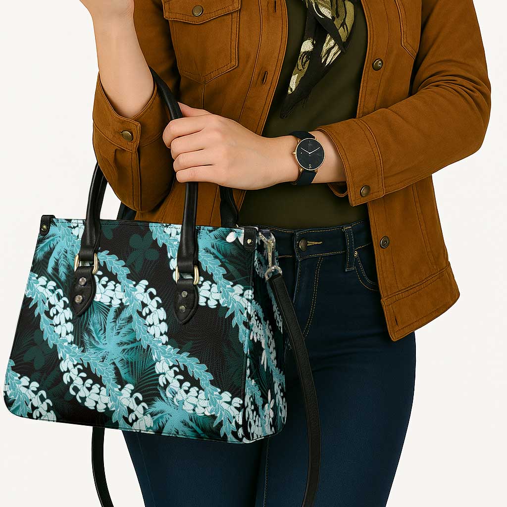 Puakenikeni Maile Lei Leather Bag Frangipani Turquoise Tropical Leaves