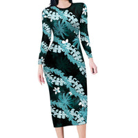 Puakenikeni Maile Lei Long Sleeve Bodycon Dress Frangipani Turquoise Tropical Leaves
