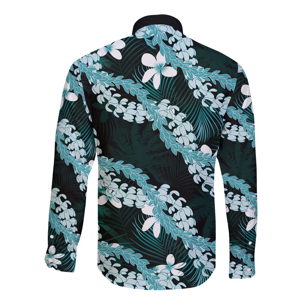 Puakenikeni Maile Lei Long Sleeve Button Shirt Frangipani Turquoise Tropical Leaves