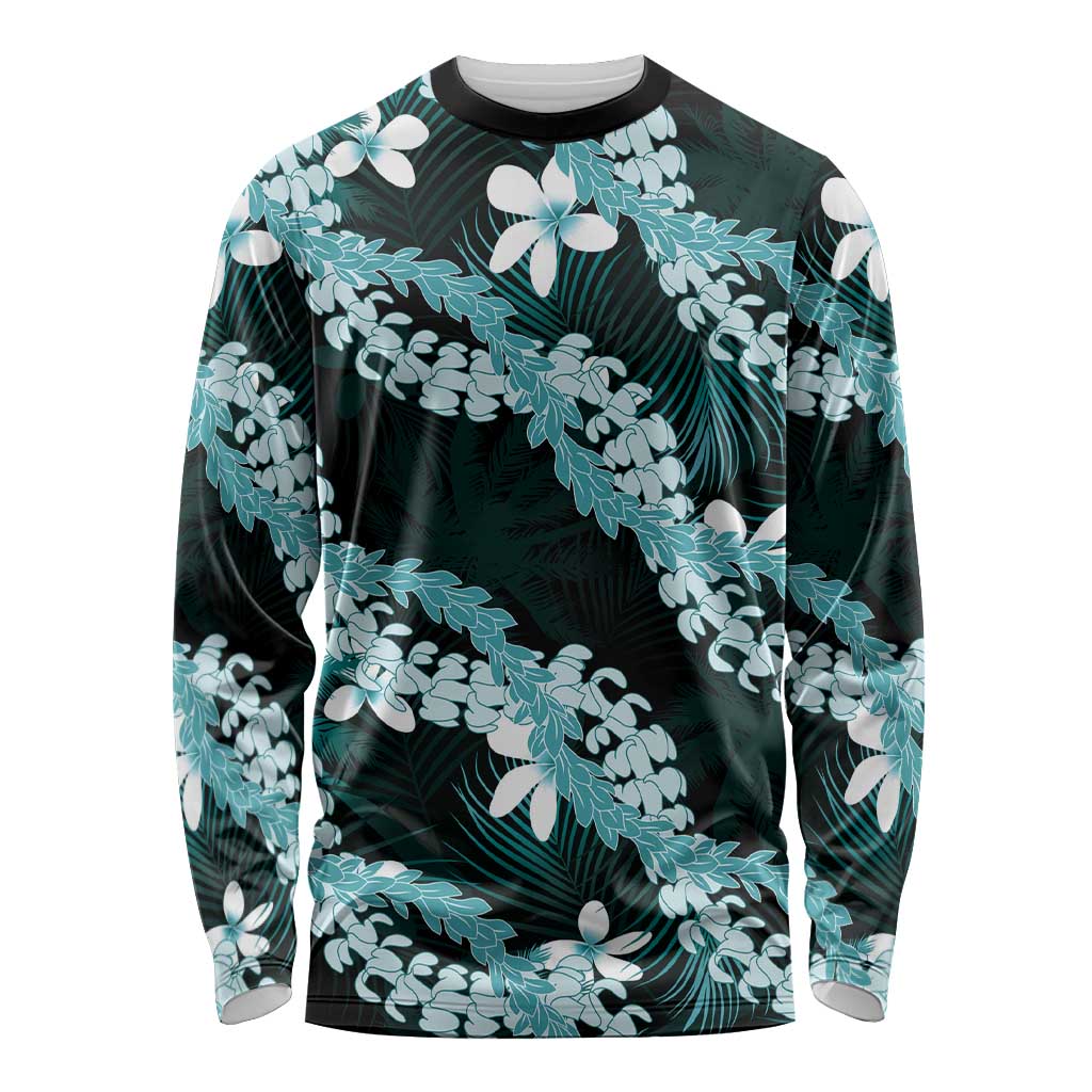 Puakenikeni Maile Lei Long Sleeve Shirt Frangipani Turquoise Tropical Leaves LT01 Unisex Turquoise - Polynesian Pride