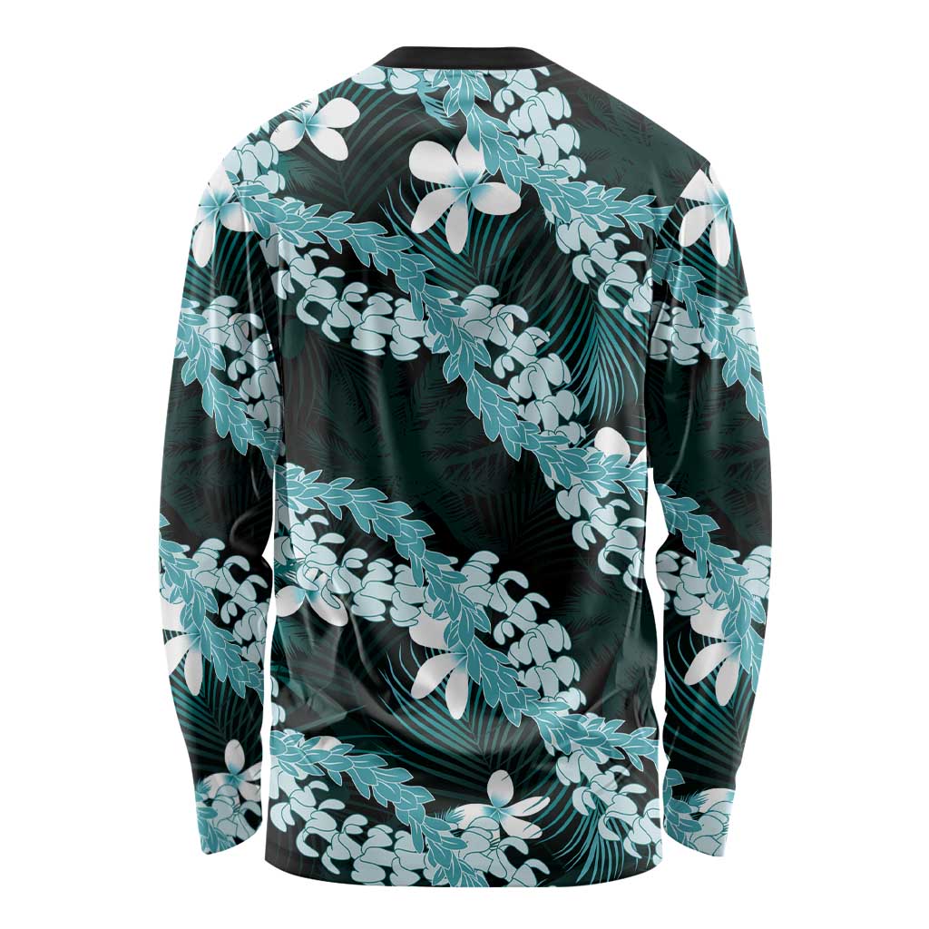Puakenikeni Maile Lei Long Sleeve Shirt Frangipani Turquoise Tropical Leaves