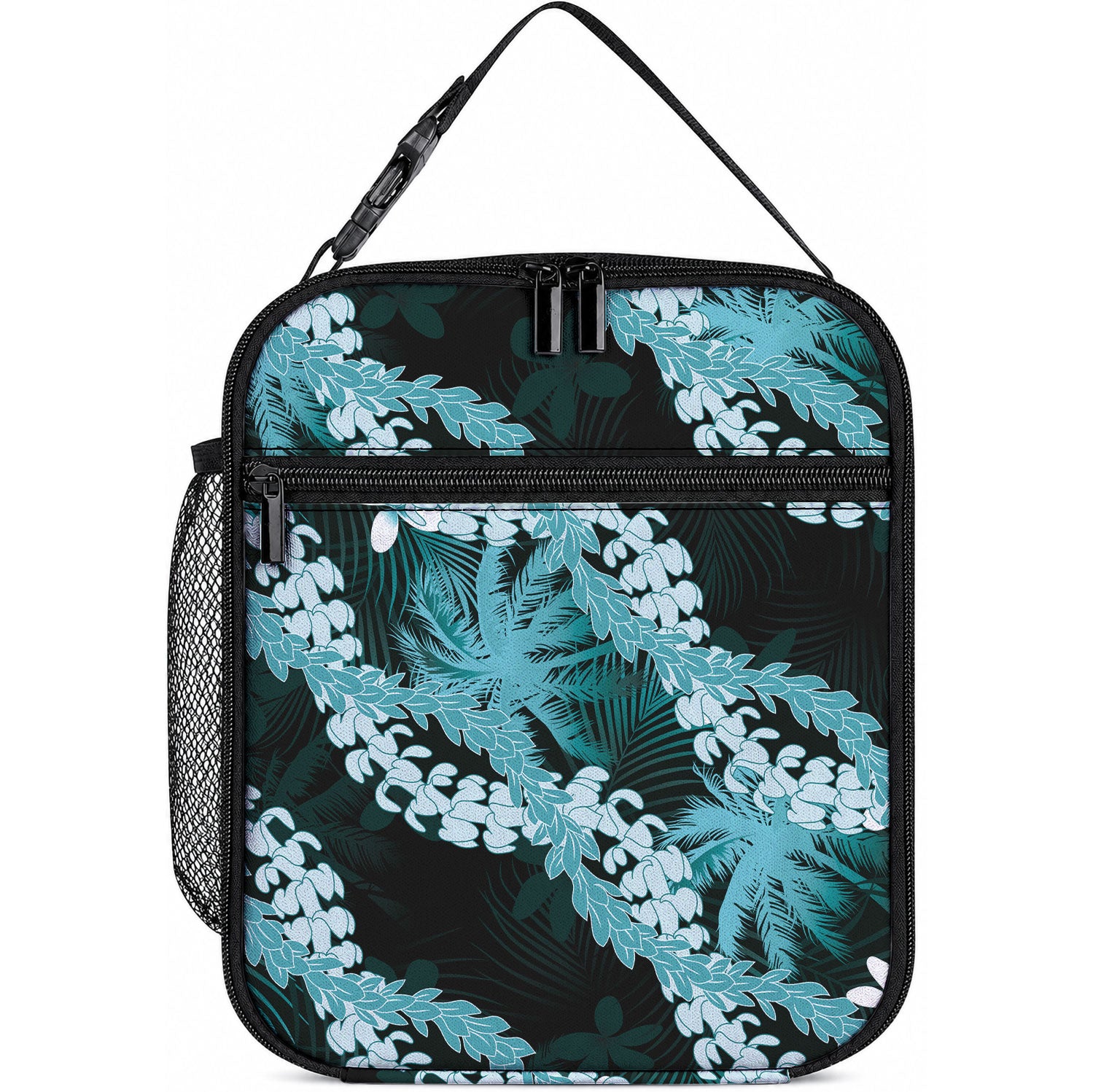 Puakenikeni Maile Lei Lunch Bag Frangipani Turquoise Tropical Leaves LT01 10.2 × 8.3 × 4.3 inch Turquoise - Polynesian Pride