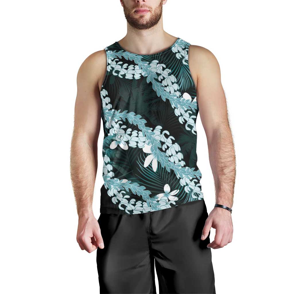 Puakenikeni Maile Lei Men Tank Top Frangipani Turquoise Tropical Leaves