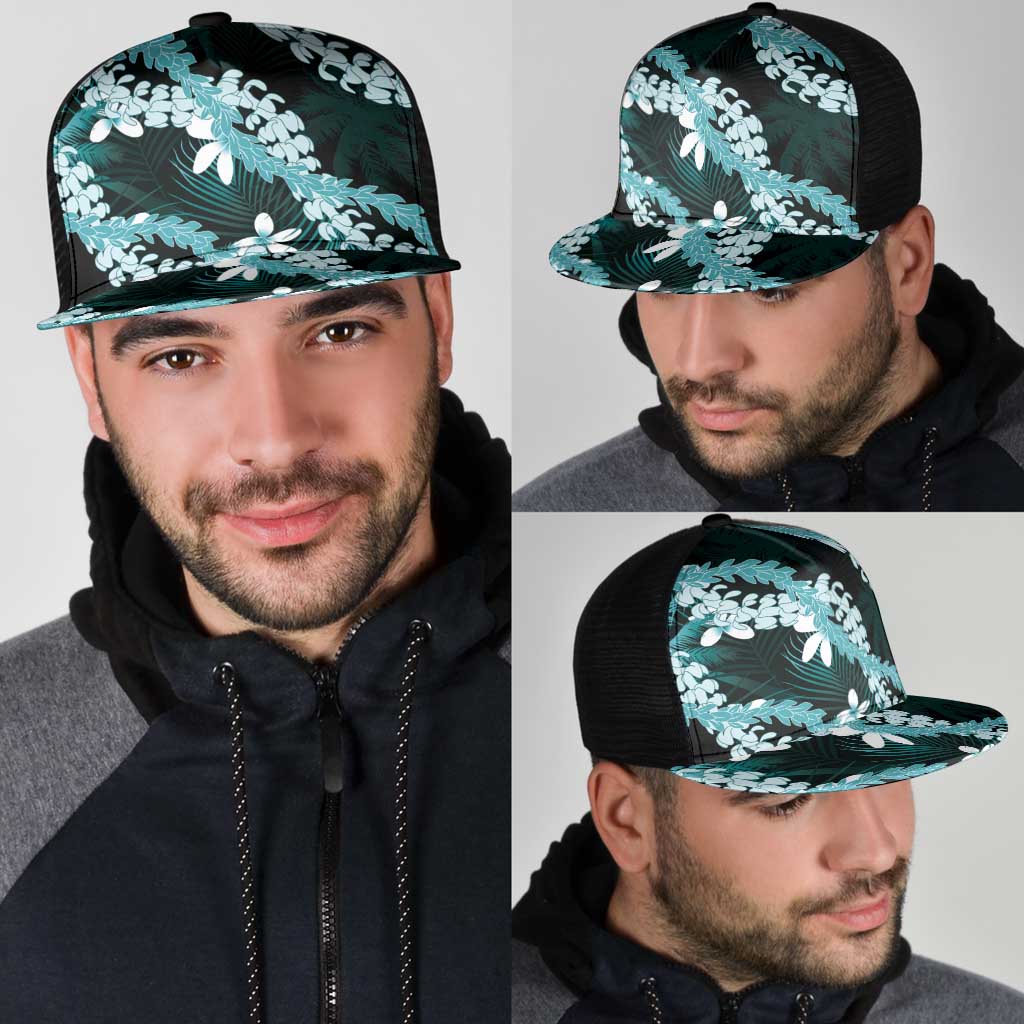Puakenikeni Maile Lei Mesh Trucker Cap Frangipani Turquoise Tropical Leaves