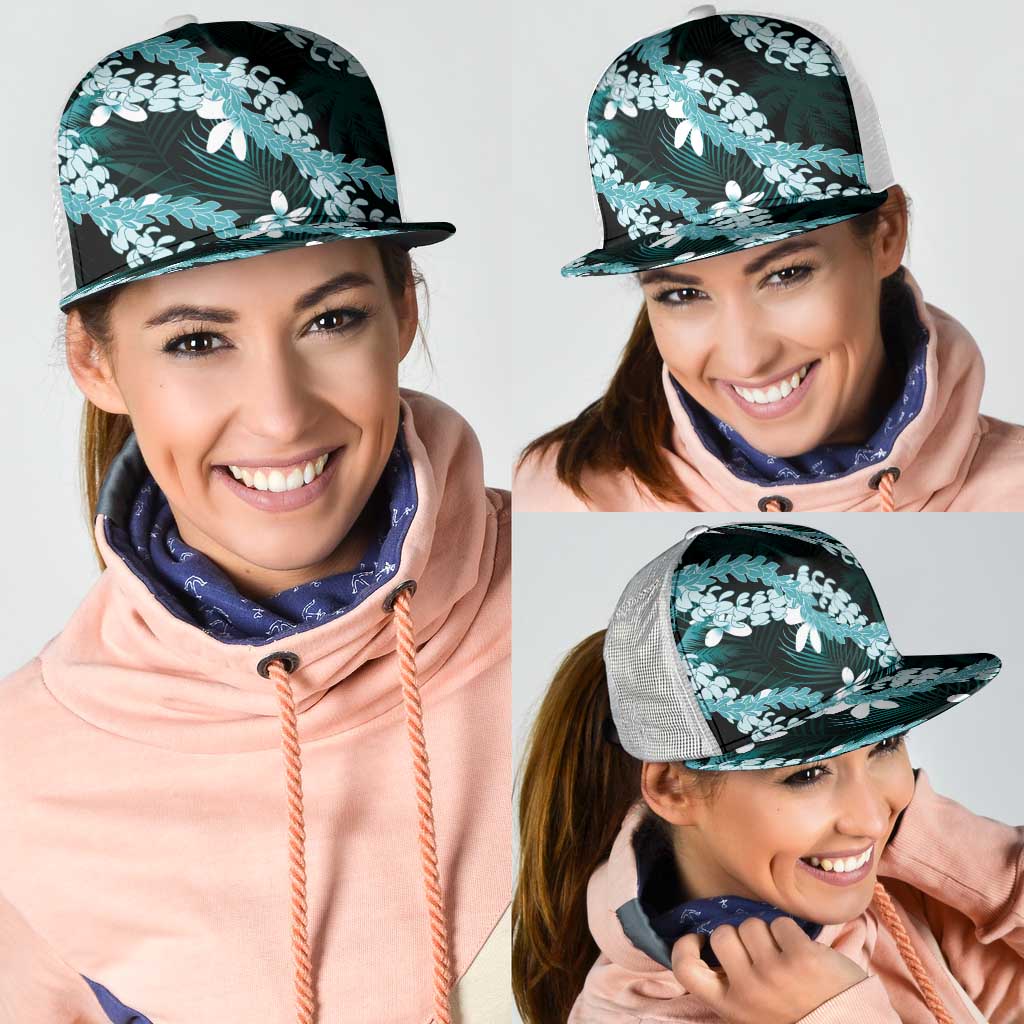 Puakenikeni Maile Lei Mesh Trucker Cap Frangipani Turquoise Tropical Leaves