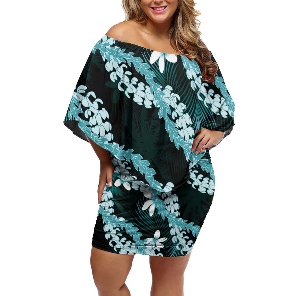 Puakenikeni Maile Lei Off Shoulder Short Dress Frangipani Turquoise Tropical Leaves
