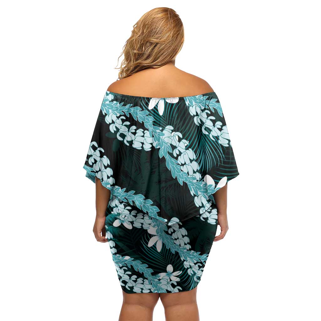 Puakenikeni Maile Lei Off Shoulder Short Dress Frangipani Turquoise Tropical Leaves