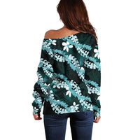 Puakenikeni Maile Lei Off Shoulder Sweater Frangipani Turquoise Tropical Leaves