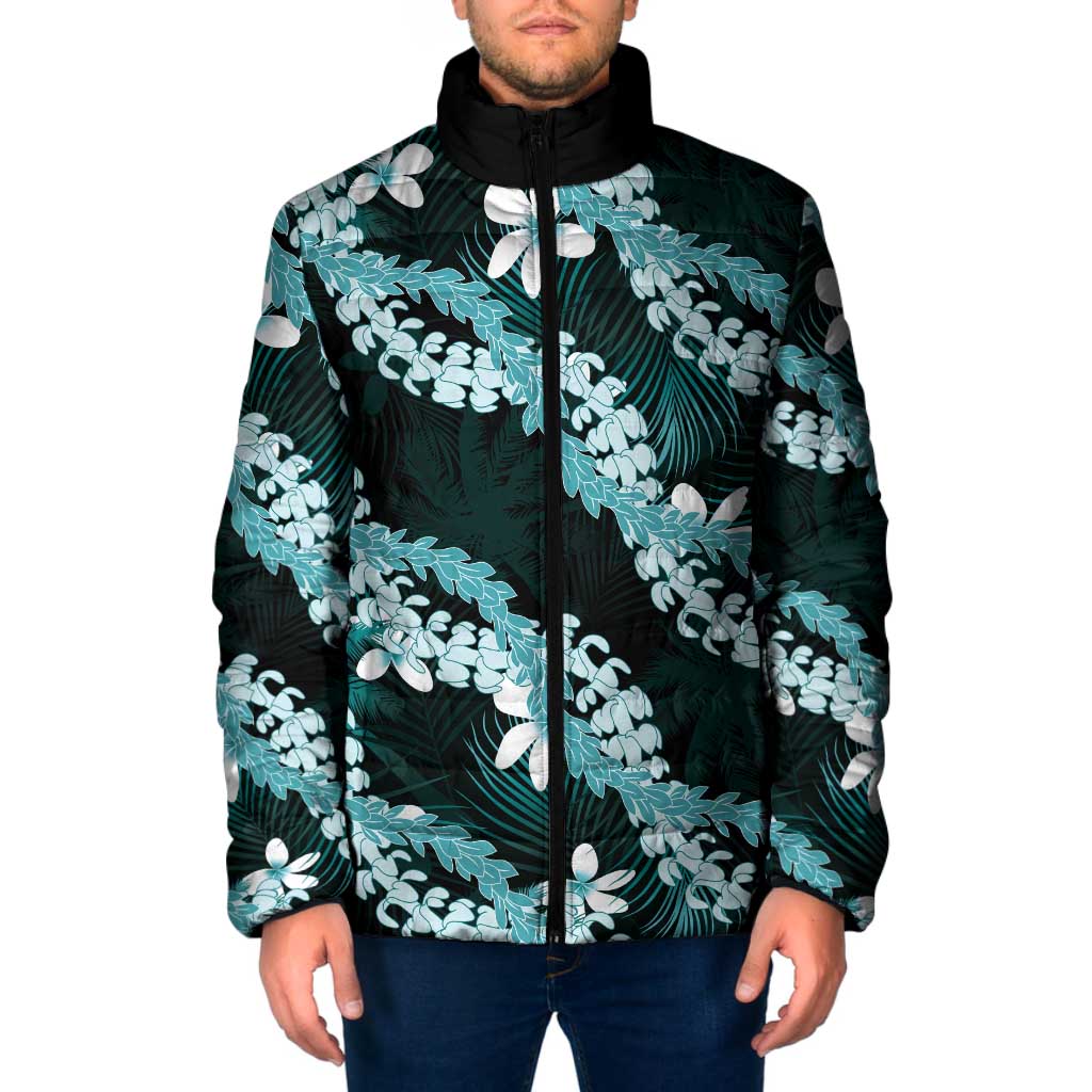 Puakenikeni Maile Lei Padded Jacket Frangipani Turquoise Tropical Leaves