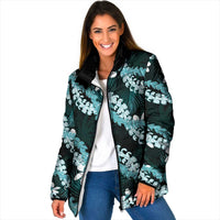 Puakenikeni Maile Lei Padded Jacket Frangipani Turquoise Tropical Leaves