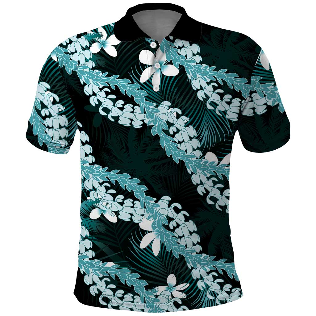 Puakenikeni Maile Lei Polo Shirt Frangipani Turquoise Tropical Leaves