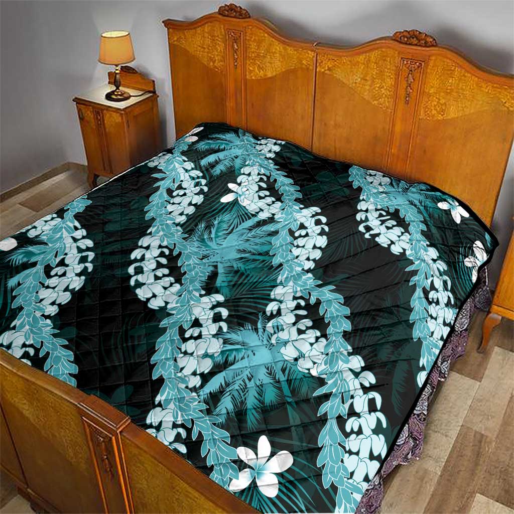 Puakenikeni Maile Lei Quilt Frangipani Turquoise Tropical Leaves