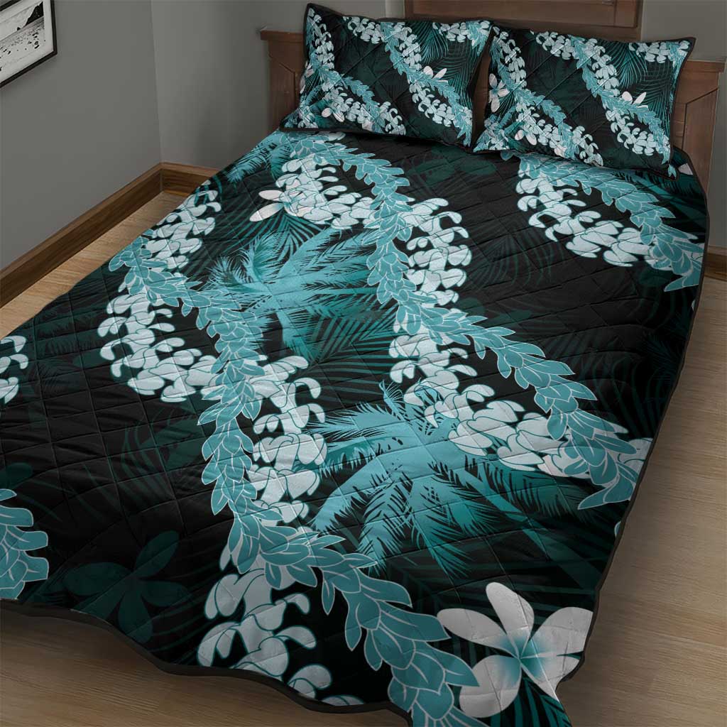 Puakenikeni Maile Lei Quilt Bed Set Frangipani Turquoise Tropical Leaves
