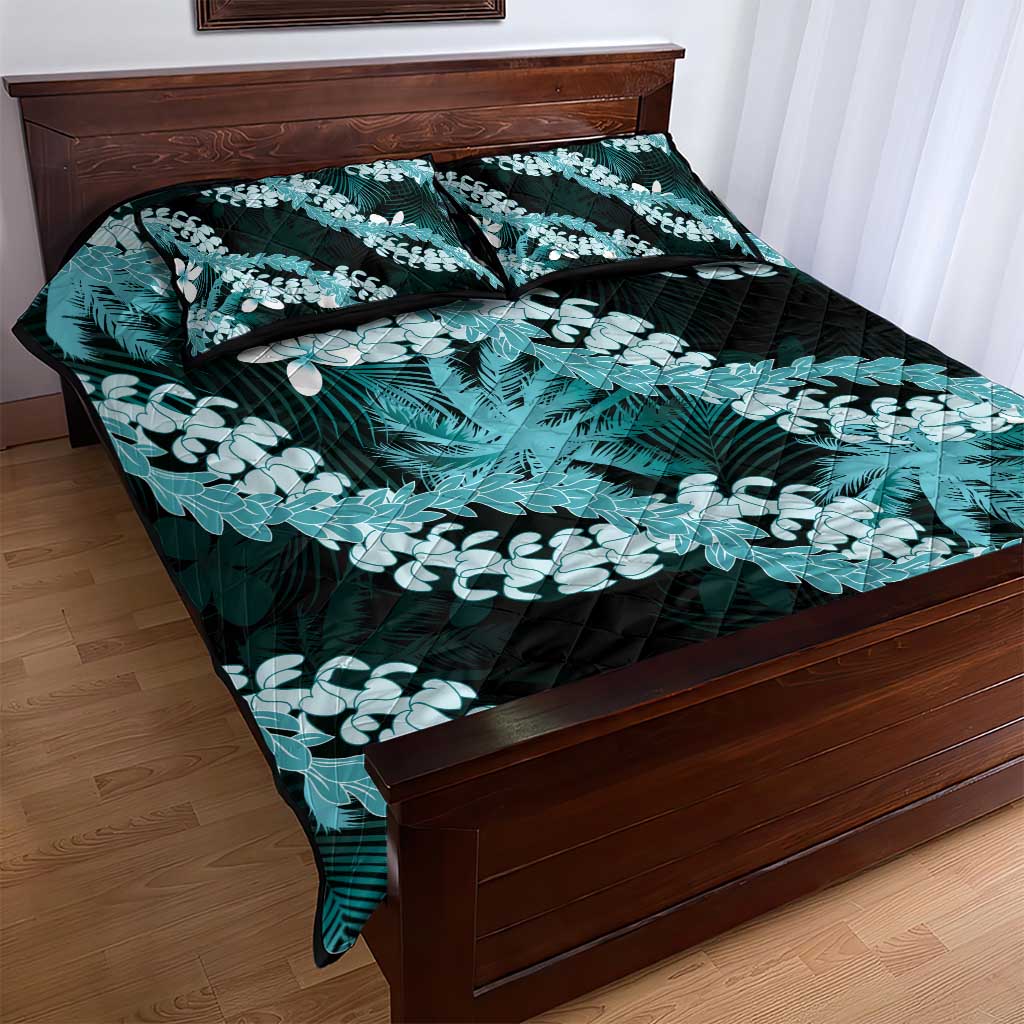 Puakenikeni Maile Lei Quilt Bed Set Frangipani Turquoise Tropical Leaves