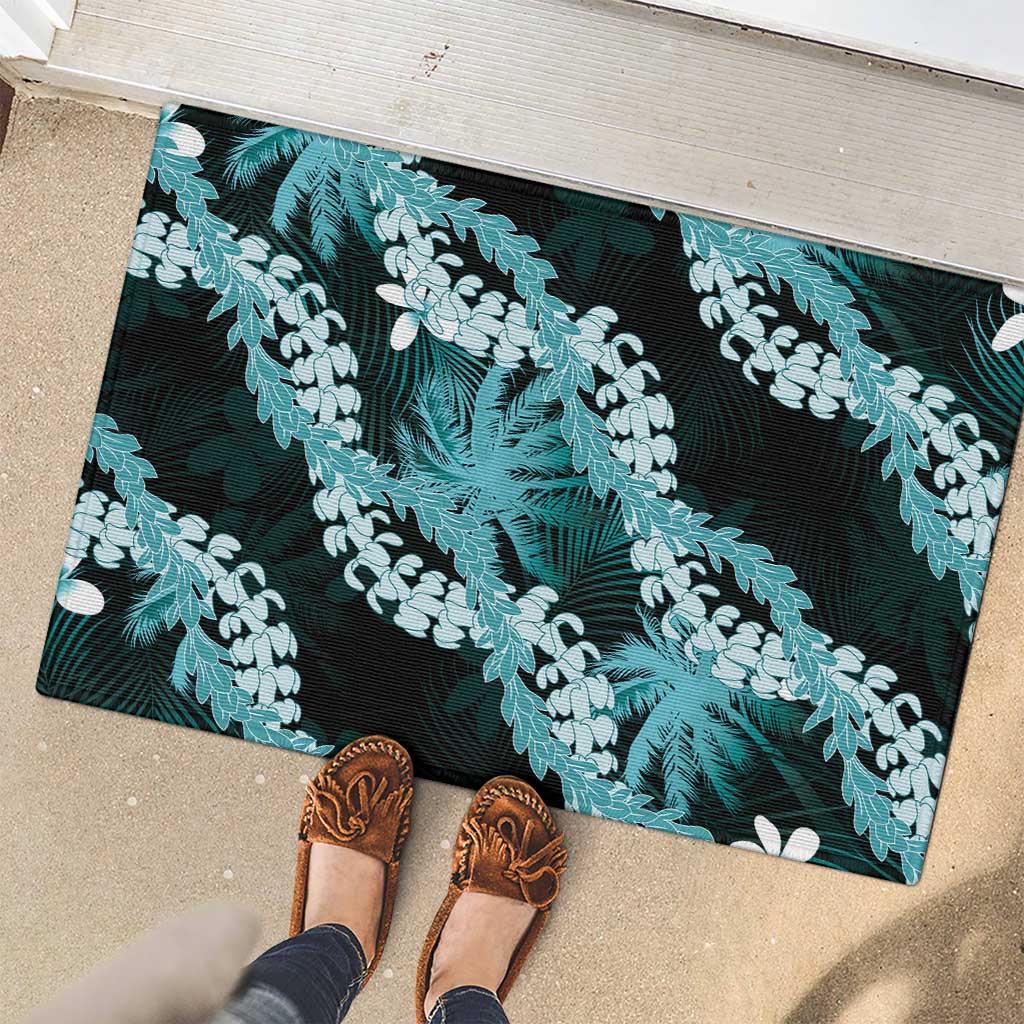 Puakenikeni Maile Lei Rubber Doormat Frangipani Turquoise Tropical Leaves
