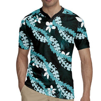 Puakenikeni Maile Lei Rugby Jersey Frangipani Turquoise Tropical Leaves