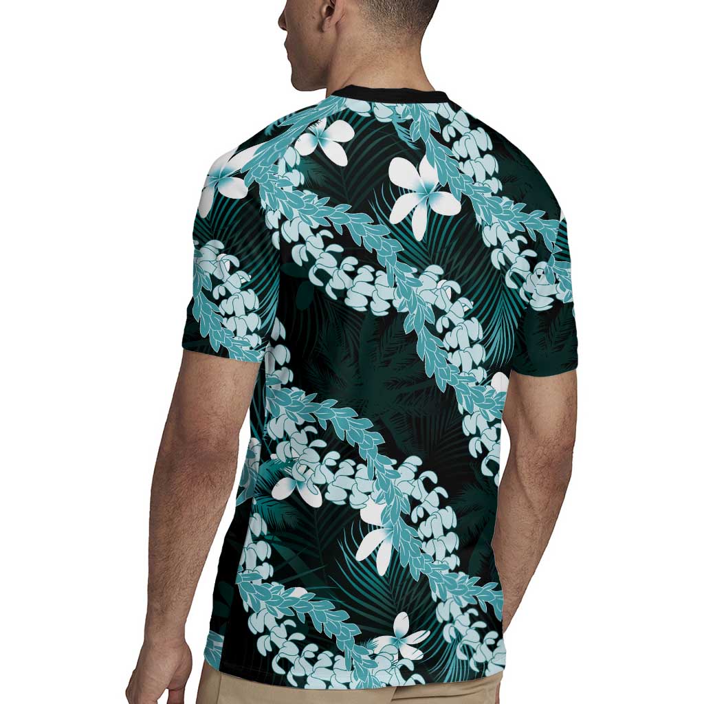 Puakenikeni Maile Lei Rugby Jersey Frangipani Turquoise Tropical Leaves