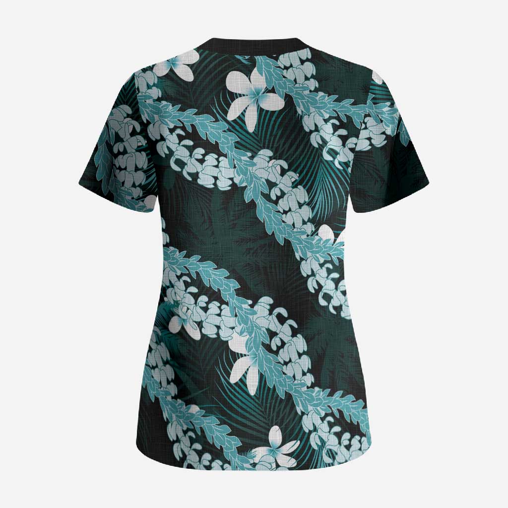 Puakenikeni Maile Lei Scrub Top Frangipani Turquoise Tropical Leaves