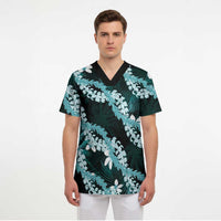 Puakenikeni Maile Lei Scrub Top Frangipani Turquoise Tropical Leaves