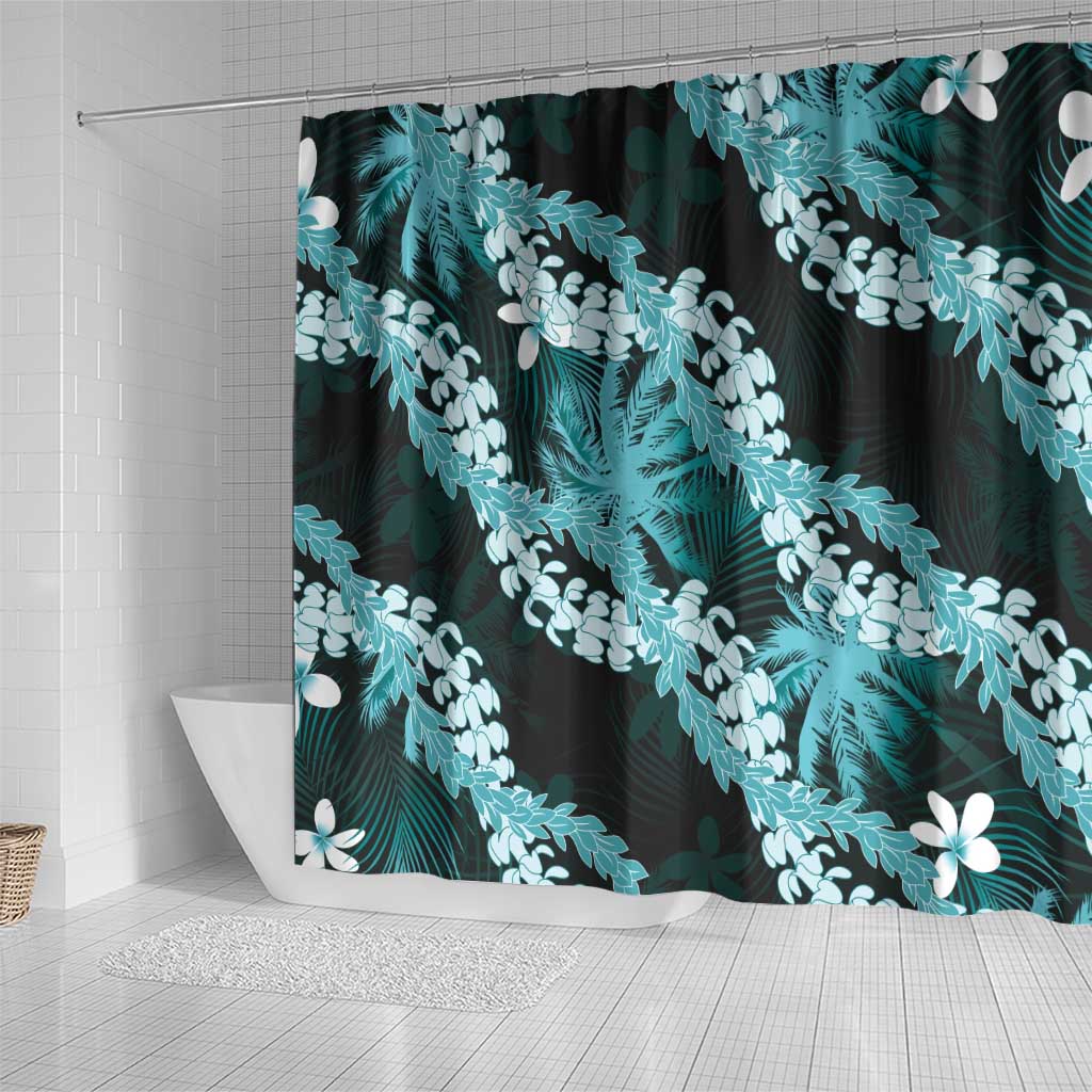 Puakenikeni Maile Lei Shower Curtain Frangipani Turquoise Tropical Leaves