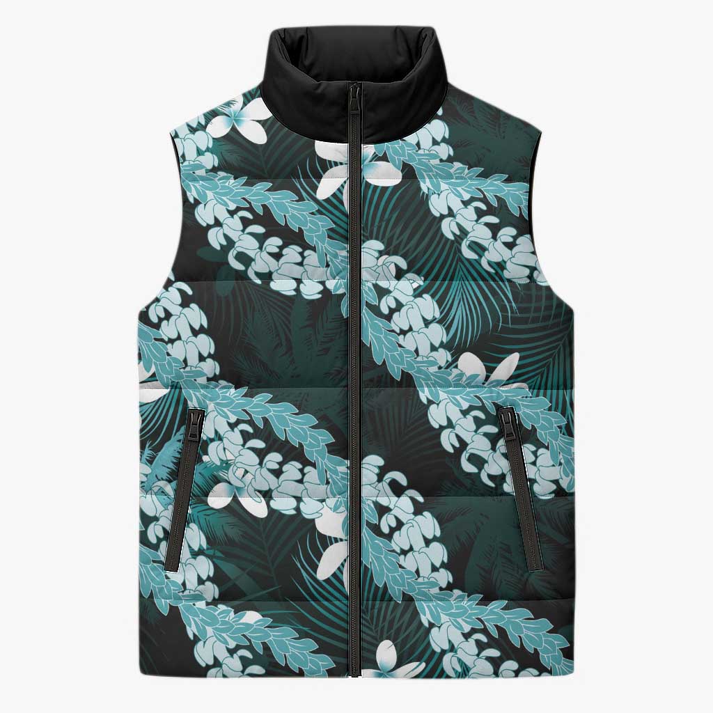 Puakenikeni Maile Lei Sleeveless Puffer Jacket Frangipani Turquoise Tropical Leaves