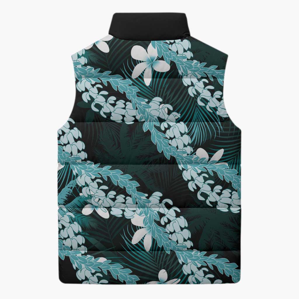 Puakenikeni Maile Lei Sleeveless Puffer Jacket Frangipani Turquoise Tropical Leaves
