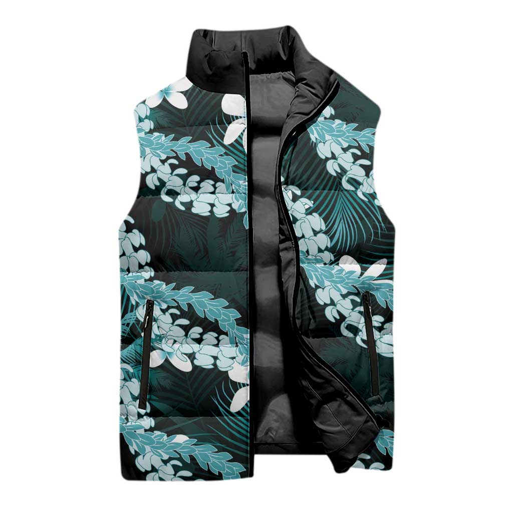 Puakenikeni Maile Lei Sleeveless Puffer Jacket Frangipani Turquoise Tropical Leaves