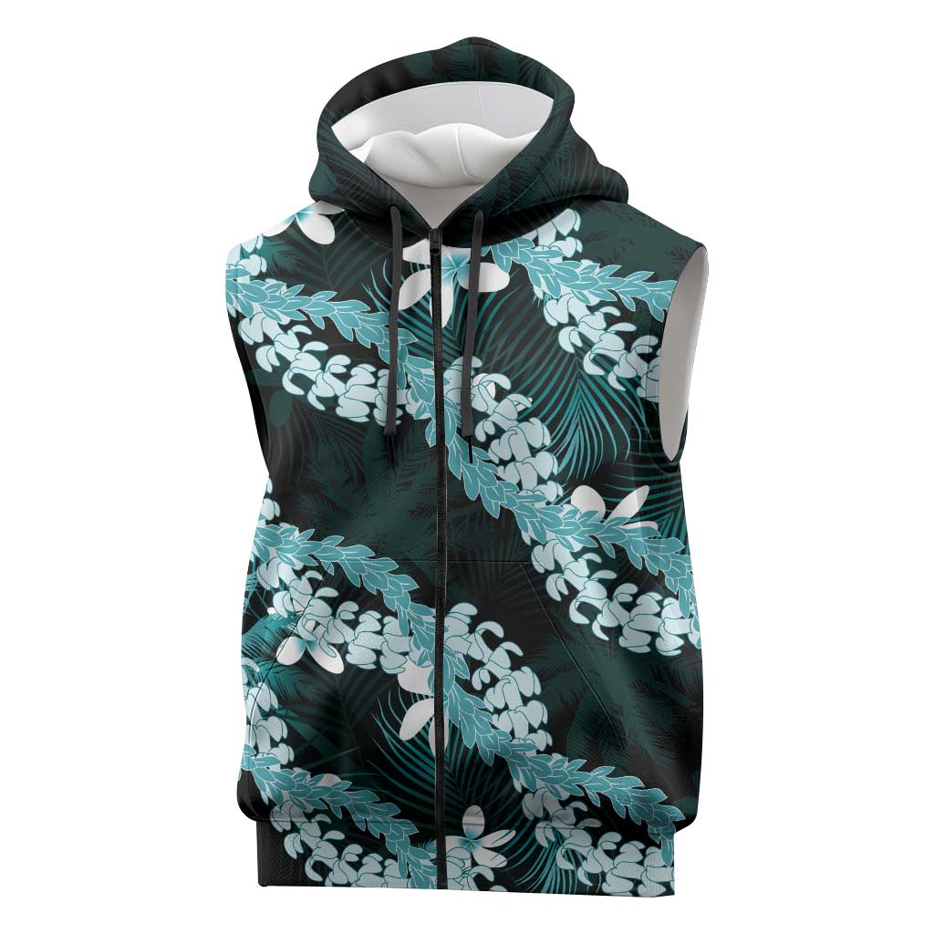 Puakenikeni Maile Lei Sleeveless Zip Hoodie Frangipani Turquoise Tropical Leaves LT01 Turquoise - Polynesian Pride