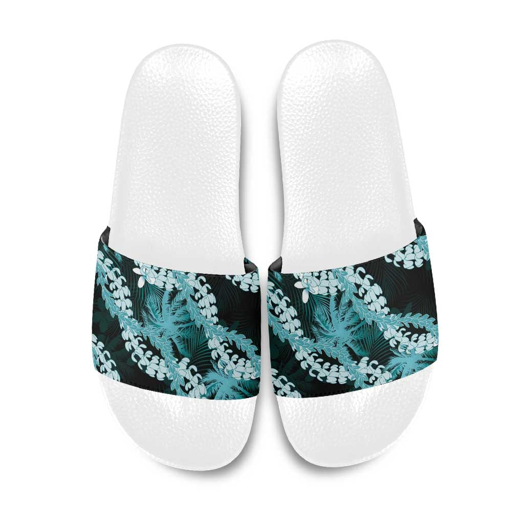 Puakenikeni Maile Lei Slide Sandals Frangipani Turquoise Tropical Leaves