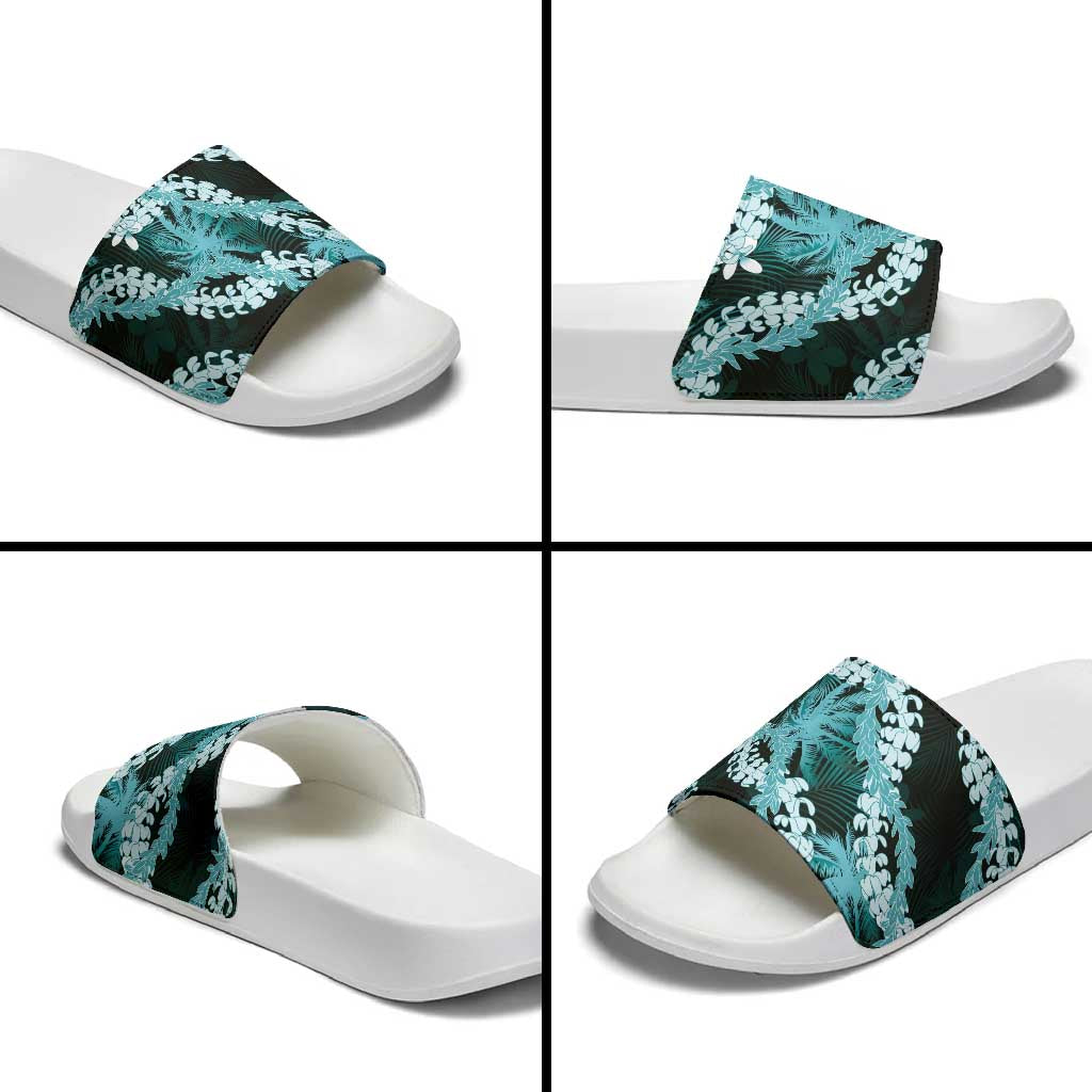 Puakenikeni Maile Lei Slide Sandals Frangipani Turquoise Tropical Leaves