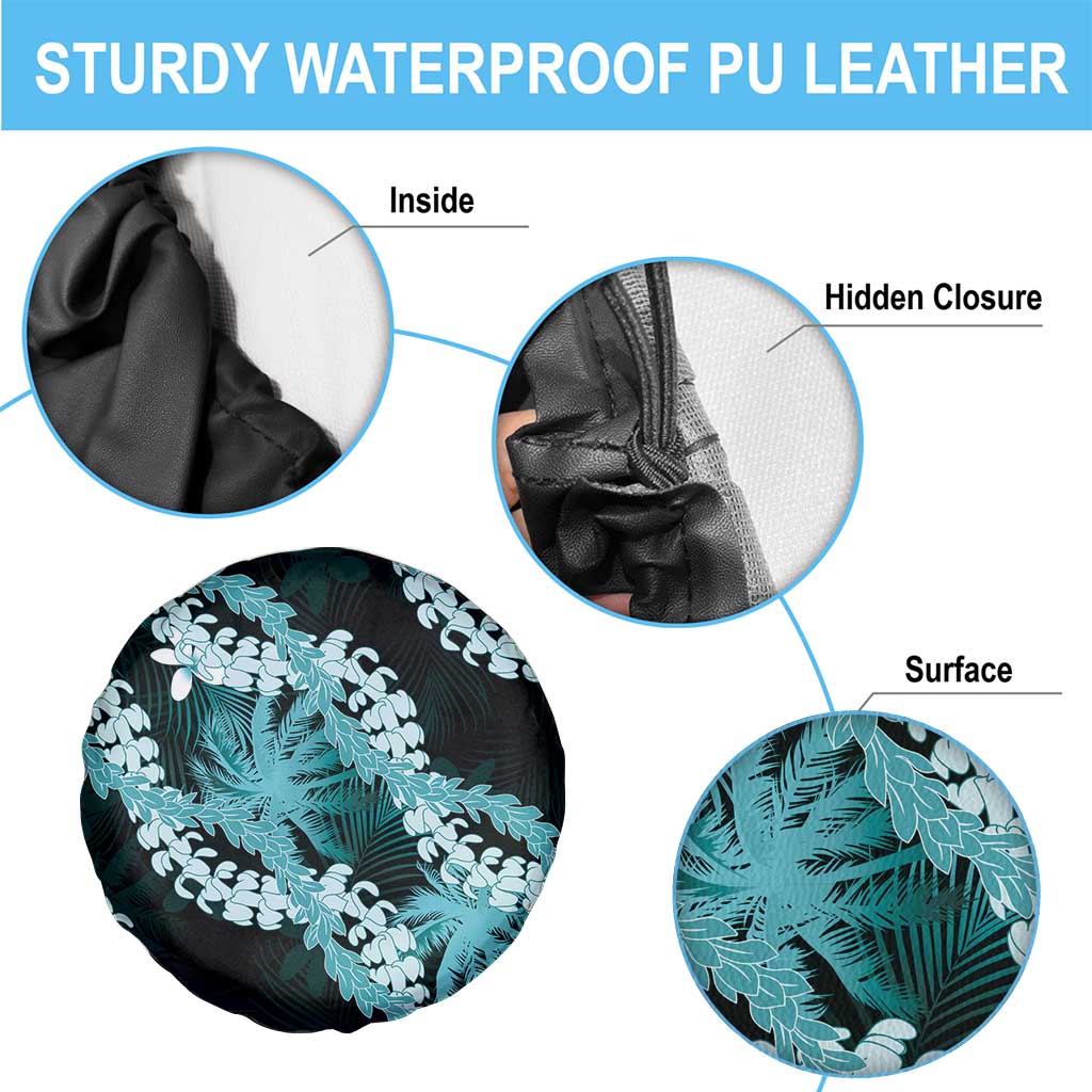 Puakenikeni Maile Lei Spare Tire Cover Frangipani Turquoise Tropical Leaves