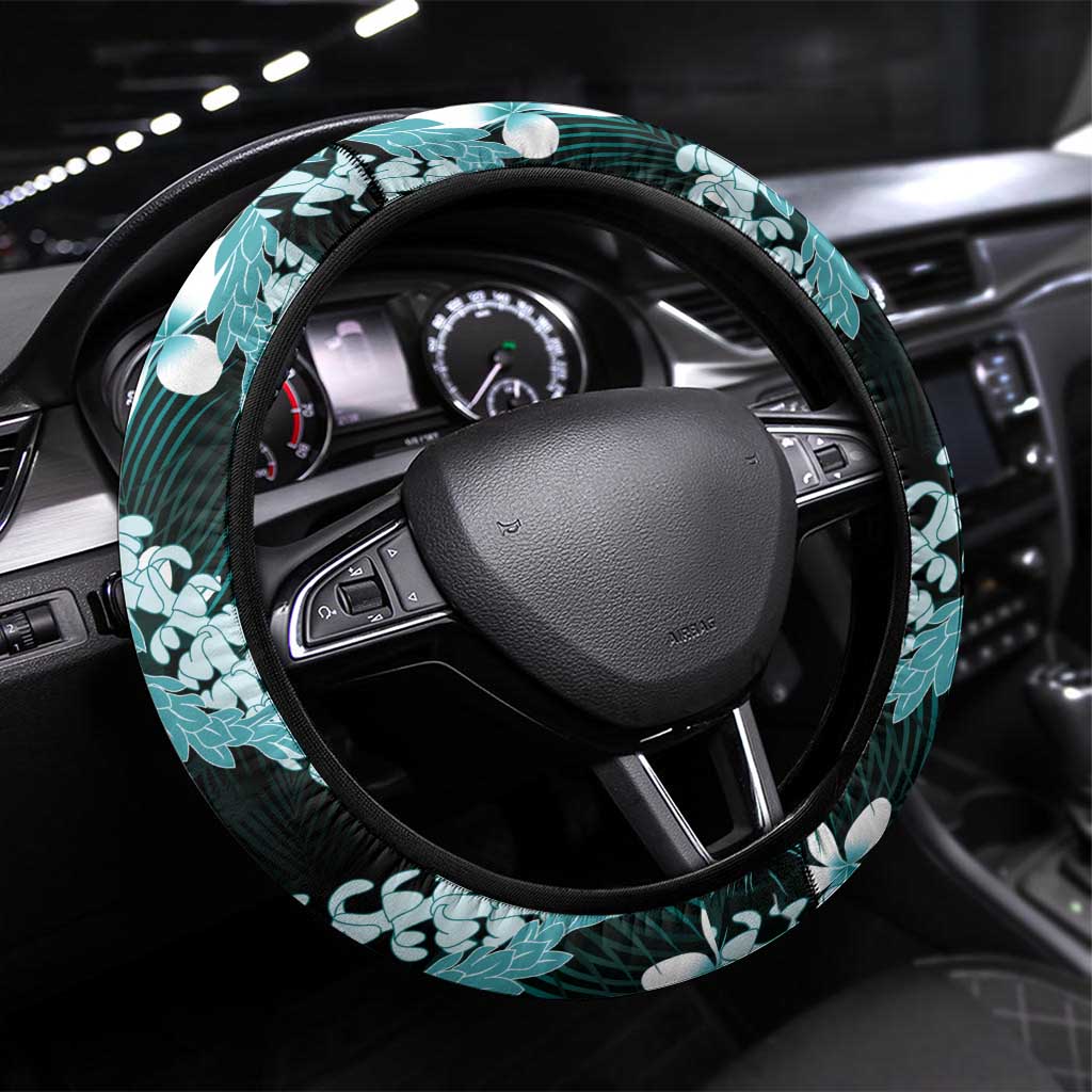 Puakenikeni Maile Lei Steering Wheel Cover Frangipani Turquoise Tropical Leaves LT01 Universal Fit Turquoise - Polynesian Pride