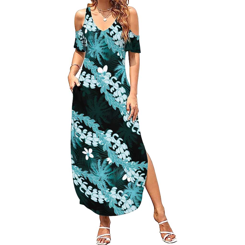 Puakenikeni Maile Lei Summer Maxi Dress Frangipani Turquoise Tropical Leaves LT01 Women Turquoise - Polynesian Pride