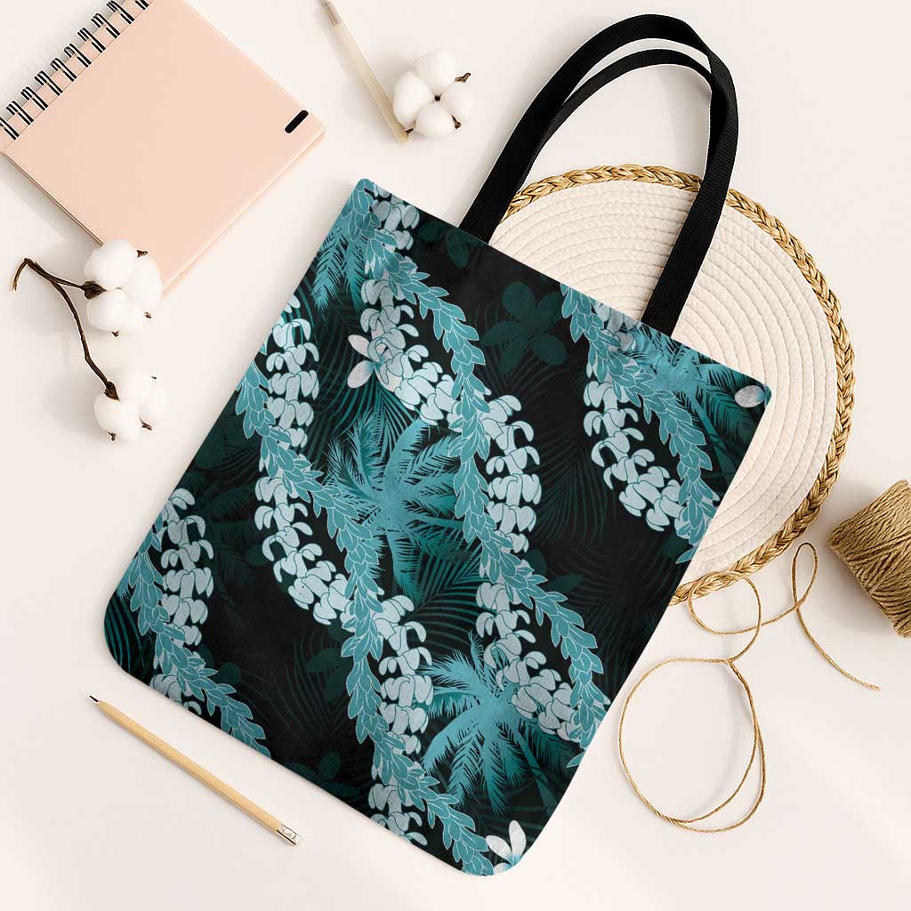 Puakenikeni Maile Lei Tote Bag Frangipani Turquoise Tropical Leaves