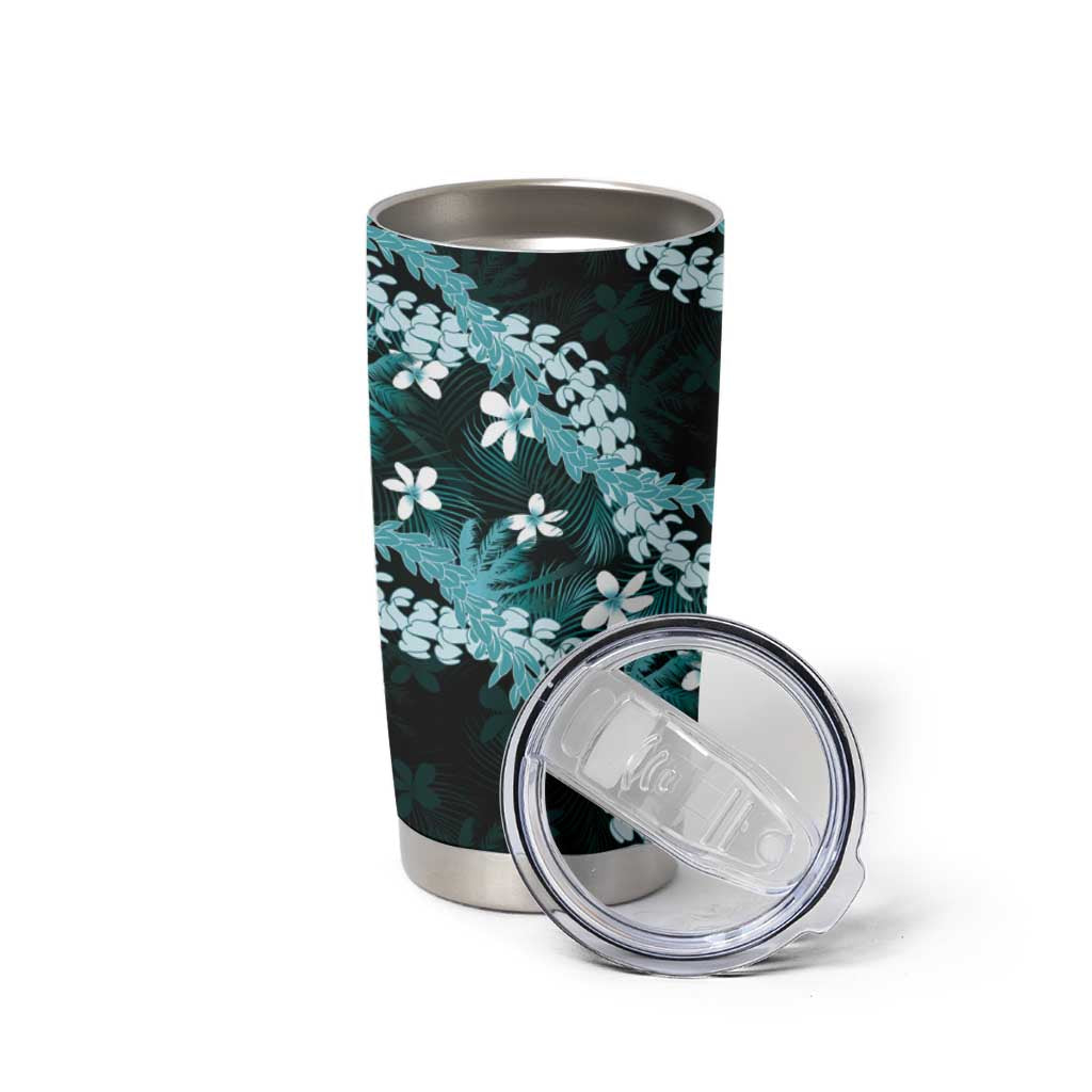 Puakenikeni Maile Lei Tumbler Cup Frangipani Turquoise Tropical Leaves