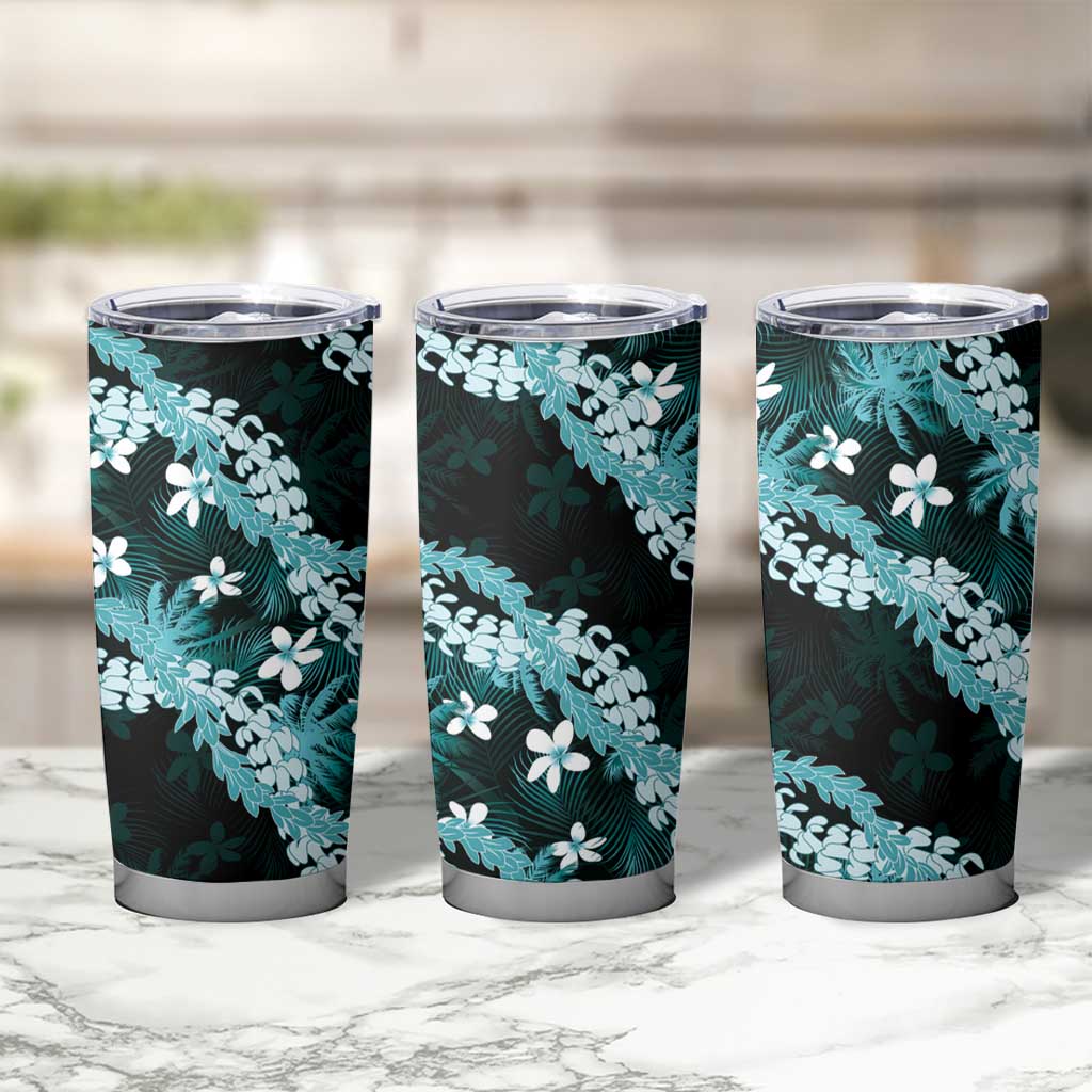 Puakenikeni Maile Lei Tumbler Cup Frangipani Turquoise Tropical Leaves